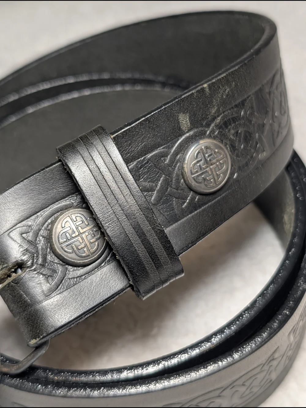 Lee River Black Leather Belt Men's LG 36/38 Tree of Life Metal Buckle Ireland